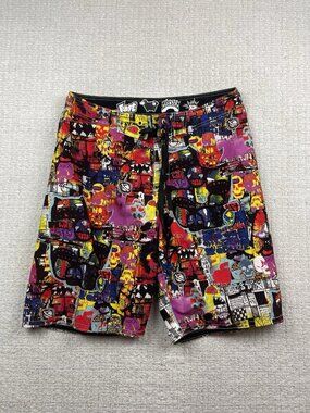 Y2K Lost Mayhem Black Sheep Graffiti Skull Men's Board Shorts Size 34 Multicolor